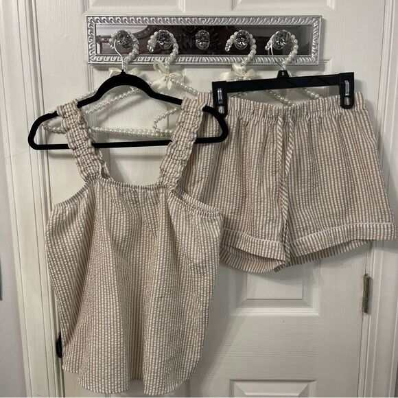 Striped Tan and White Women's Matching Short and Ruffle Tank Set - Picture 1 of 10